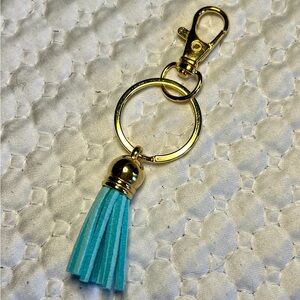 Leather tassel keychain. Turquoise and gold.